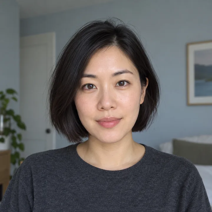 AI-generated portrait example: an adult facing the camera with both eyes visible in even light