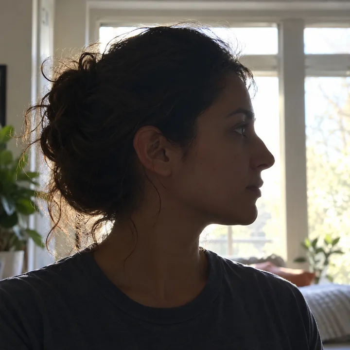 AI-generated portrait example: an adult in side profile with a bright window behind a shadowed face