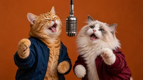 A ginger tabby and a white ragdoll cat imagined at a shared mic