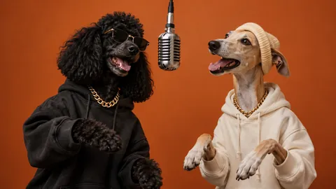 Two fictional dogs imagined as duet performers
