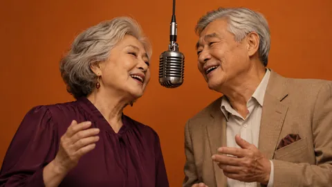 A fictional elderly East Asian couple sharing the orange-stage mic